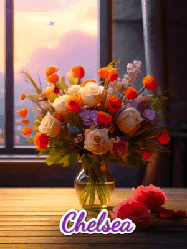 Happy Birthday Chelsea GIF: A vase of flowers and animated hearts pop in and out as the words Happy Birthday Name appears that you can customize