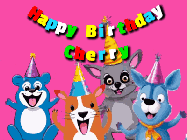 Happy Birthday Cherry GIF: Four cute cartoon animal friends excited to be on this happy birthday gif that's ready to customize.