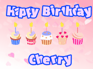 Happy Birthday Cherry GIF: Pink animated birthday gif with 5 cupcakes and candles and animated text you can customize with name.