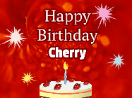 Happy Birthday Cherry GIF: A bright red happy birthday gif animated with a cake candle, and glitter and sparkles. Customize with name.