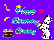 Happy Birthday Cherry GIF: Silly happy birthday gif with a cute dog in a corner and rainbow animation confetti. Birthday cake in order with candle.