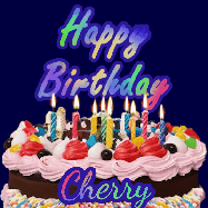 Happy Birthday Cherry GIF: A dark blue birthday gif with a beautiful cake with flickering candles, background sparkles and a name to customize.