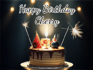 Happy Birthday Cherry GIF: Animated birthday cake gif with sparklers on a dark background. Personalize up to 3 lines of text.