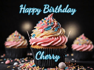 Happy Birthday Cherry GIF: A delicious cupcake gif with animated sparkles reading Happy Birthday with a name to customize