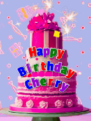 Happy Birthday Cherry GIF: A big beautiful birthday cake gif with falling confetti, sparklers, and balloons, reads Happy Birthday Name. Customize it.