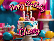 Happy Birthday Cherry GIF: Animated birthday gif with a beautiful colorful birthday can and sparkles in the air. It reads Happy Birthday Customize.