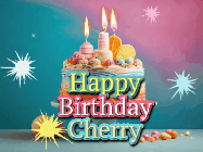 Happy Birthday Cherry GIF: A colorful animated Happy Birthday Cake GIF with swirling sparkles and flickering candles. It reads Happy Birthday Name