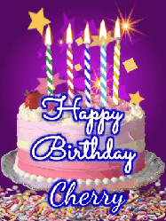 Happy Birthday Cherry GIF: Happy birthday animated gif of a brightly lit birthday cake, birthday candles, and falling confetti. Customize name.