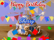 Happy Birthday Cherry GIF: Happy Birthday Cake GIF with a cat, lamb, and squirrel on the cake with flickering candles, a sparkler, and falling confetti. Reads Happy Birthday Name and you can customize the name