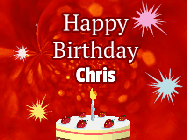 Happy Birthday Chris GIF: A bright red happy birthday gif animated with a cake candle, and glitter and sparkles. Customize with name.