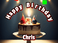 Happy Birthday Chris GIF: Animated happy birthday gif with a cake and flickering candles with colorful falling confetti and text reading Happy Birthday
