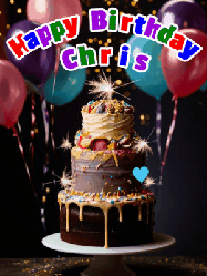 Happy Birthday Chris GIF: Beautiful birthday cake animated gif, a celebration of balloons, confetti, and sparklers. Customize banner and name.