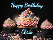 Happy Birthday Chris GIF: A delicious cupcake gif with animated sparkles reading Happy Birthday with a name to customize