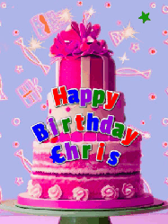 Happy Birthday Chris GIF: A big beautiful birthday cake gif with falling confetti, sparklers, and balloons, reads Happy Birthday Name. Customize it.