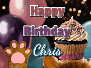 Happy Birthday Chris GIF: Cute Kitten Birthday Cupcake GIF with a cupcake raised by a cats head, then it pulls down text reading Happy Birthday Name