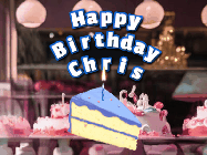 Happy Birthday Chris GIF: A cake shop background with a slice of cake and animated candle reading Happy Birthday Customize.