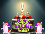 Happy Birthday Chris GIF: An animated gif with 2 unicorns and a birthday candle on a cake.