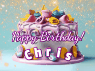 Happy Birthday Chris GIF: A beautiful birthday cake gif with animated sparkles and glitter Happy Birthday Name you can customize