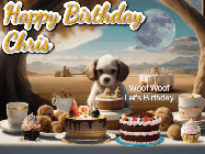 Happy Birthday Chris GIF: Animated birthday gif with a dog at a fancy birthday table loaded with cakes as hearts appear. It reads Happy Birthday Customize.