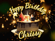 Happy Birthday Chrissy GIF: Bursting stars fall past a birthday cake in this animated birthday gif with name you can customize. Dark background.