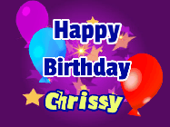 Happy Birthday Chrissy GIF: A lovely purple birthday gif animated with moving text, a balloon, and bubbles. Customize it.