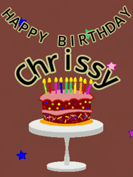 Happy Birthday Chrissy GIF: Animated birthday gif of a chocolate cartoon cake and stars. Animated text can be customized with name.