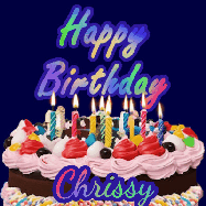 Happy Birthday Chrissy GIF: A dark blue birthday gif with a beautiful cake with flickering candles, background sparkles and a name to customize.