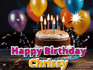 Happy Birthday Chrissy GIF: A birthday cake with flickering candles gif with text reading Happy Birthday and a Name slot to customize