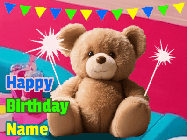 Happy Birthday Chrissy GIF: A cute birthday teddy bear animated birthday gif with the bear holding sparklers and text to customize.