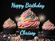 Happy Birthday Chrissy GIF: A delicious cupcake gif with animated sparkles reading Happy Birthday with a name to customize