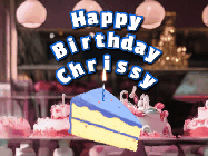 Happy Birthday Chrissy GIF: A cake shop background with a slice of cake and animated candle reading Happy Birthday Customize.