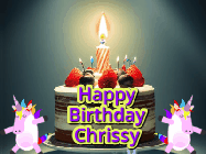 Happy Birthday Chrissy GIF: An animated gif with 2 unicorns and a birthday candle on a cake.