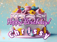 Happy Birthday Chrissy GIF: A beautiful birthday cake gif with animated sparkles and glitter Happy Birthday Name you can customize