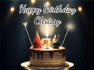 Happy Birthday Chrissy GIF: Animated birthday cake gif with sparklers on a dark background. Personalize up to 3 lines of text.