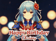 Happy Birthday Chrissy GIF: Anime girl holding a birthday cake and an animated sword falls into it. Text reads Happy Birthday Customize