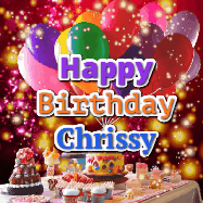 Happy Birthday Chrissy GIF: Animated happy birthday gif on a bright red glittery background and 3 lines of text reading Happy Birthday Customize
