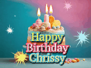 Happy Birthday Chrissy GIF: A colorful animated Happy Birthday Cake GIF with swirling sparkles and flickering candles. It reads Happy Birthday Name