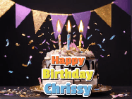 Happy Birthday Chrissy GIF: Happy birthday cake animated gif with flickering candles, animated text, and falling confetti. Customize text reading Happy Birthday Customize.