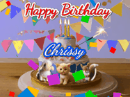 Happy Birthday Chrissy GIF: Happy Birthday Cake GIF with a cat, lamb, and squirrel on the cake with flickering candles, a sparkler, and falling confetti. Reads Happy Birthday Name and you can customize the name