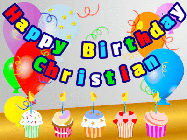 Happy Birthday Christian GIF: Animated happy birthday gif with a party balloon background, a row of cupcakes, and birthday banner to customize.