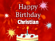 Happy Birthday Christian GIF: A bright red happy birthday gif animated with a cake candle, and glitter and sparkles. Customize with name.