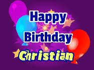 Happy Birthday Christian GIF: A lovely purple birthday gif animated with moving text, a balloon, and bubbles. Customize it.