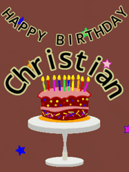 Happy Birthday Christian GIF: Animated birthday gif of a chocolate cartoon cake and stars. Animated text can be customized with name.