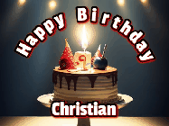 Happy Birthday Christian GIF: Animated happy birthday gif with a cake and flickering candles with colorful falling confetti and text reading Happy Birthday
