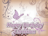 Happy Birthday Christian GIF: Classical birthday gif background with colorful musical notes floating past and a name you can customize, reads Happy Birthday.