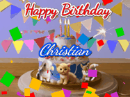 Happy Birthday Christian GIF: Happy Birthday Cake GIF with a cat, lamb, and squirrel on the cake with flickering candles, a sparkler, and falling confetti. Reads Happy Birthday Name and you can customize the name