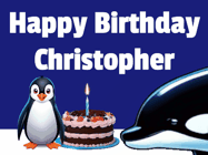 Happy Birthday Christopher GIF: A penguin slaps a killer whale that tries to eat your birthday cake. Animated GIF reads Happy Birthday Customize the name.
