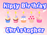 Happy Birthday Christopher GIF: Pink animated birthday gif with 5 cupcakes and candles and animated text you can customize with name.