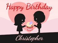 Happy Birthday Christopher GIF: Cute happy birthday gif with love sharing a cupcake on your special day. Customize the name.