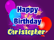 Happy Birthday Christopher GIF: A lovely purple birthday gif animated with moving text, a balloon, and bubbles. Customize it.